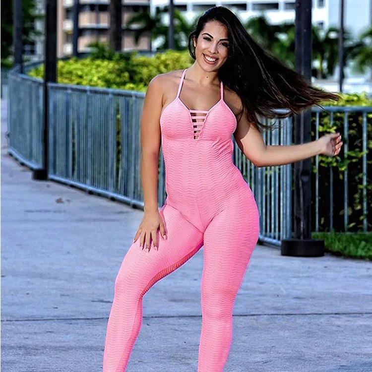 Pink Purple Ruched Back Yoga Pants Brazilian Bubble Jumpsuit Wrinkle