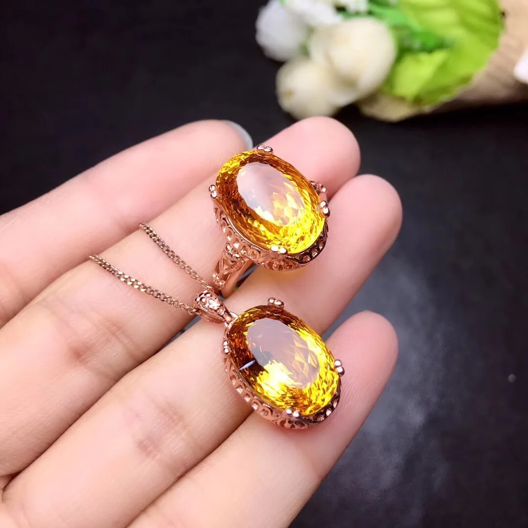 时尚天然 citrine cabochon 戒指吊坠 925 银色女士首饰套装