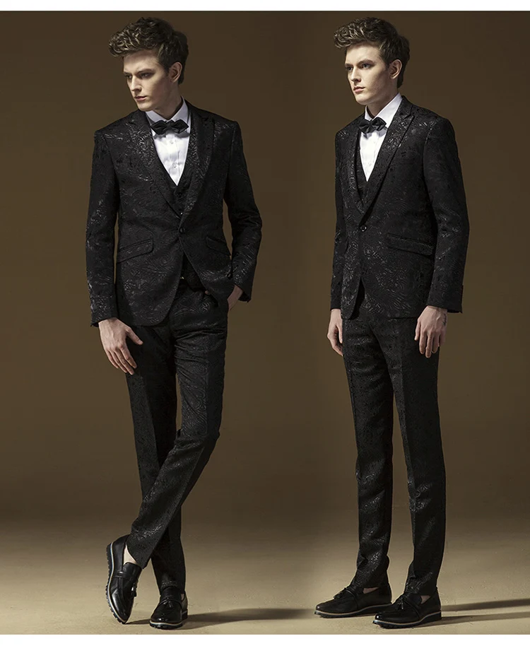 Mode Baru Hitam Jacquard 3 Piece Tuxedo Cocok Untuk Pria 