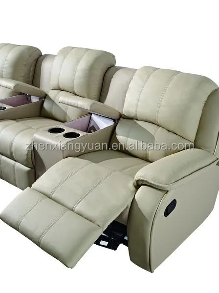 Living room sofas 3-Seat beige Leather Home Theater Recliner with Storage Consoles