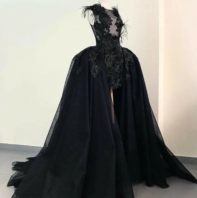 black dress with ostrich feathers