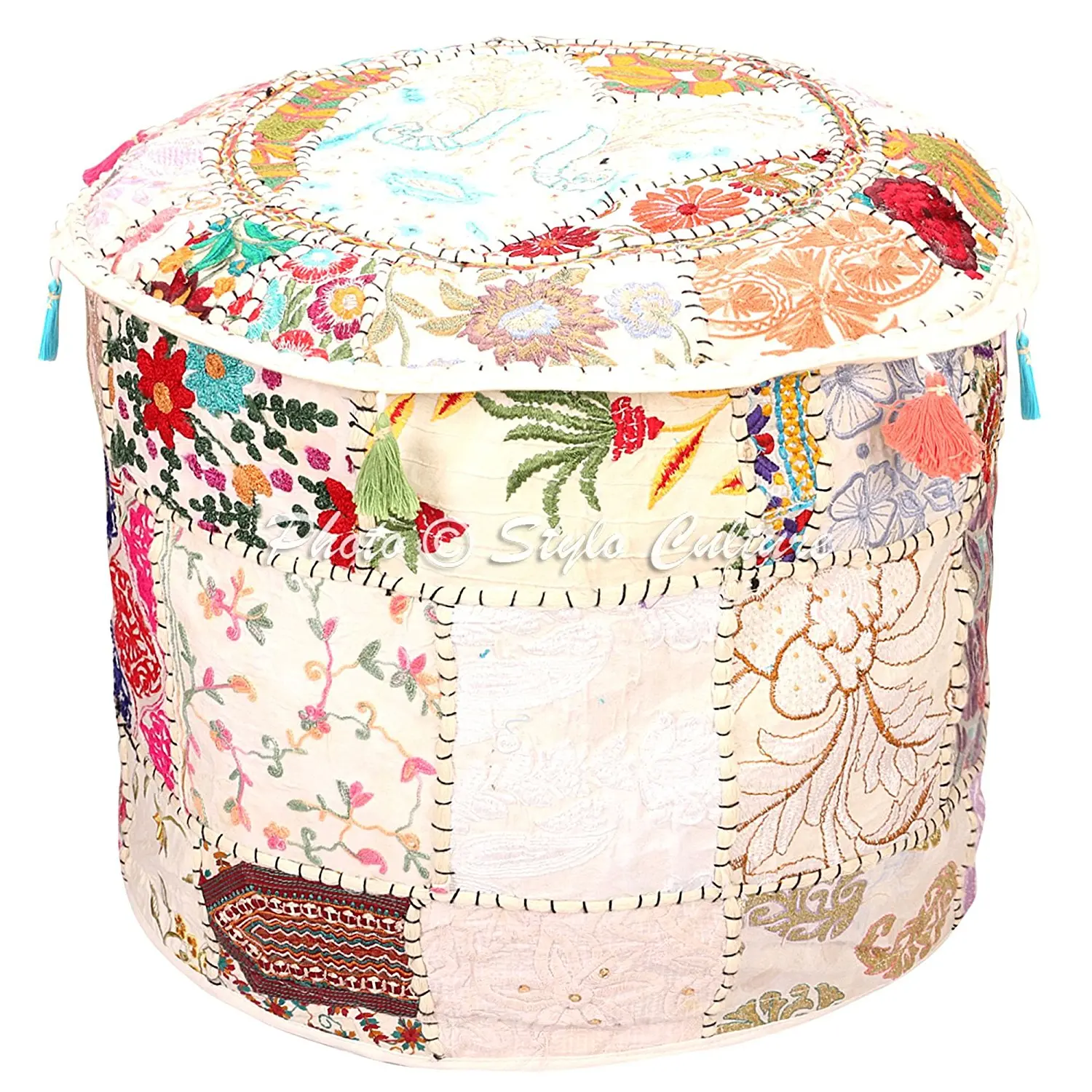 Embroidered Ottoman Stool Pouf Cover 18x18x13 Cotton Patchwork Embroidered Ottoman Stool Pouf Cover Turquoise Green Floral Hassock Pouffe Case Footstool Floor Cushion Cover Ethnic Decor,Puff Cover