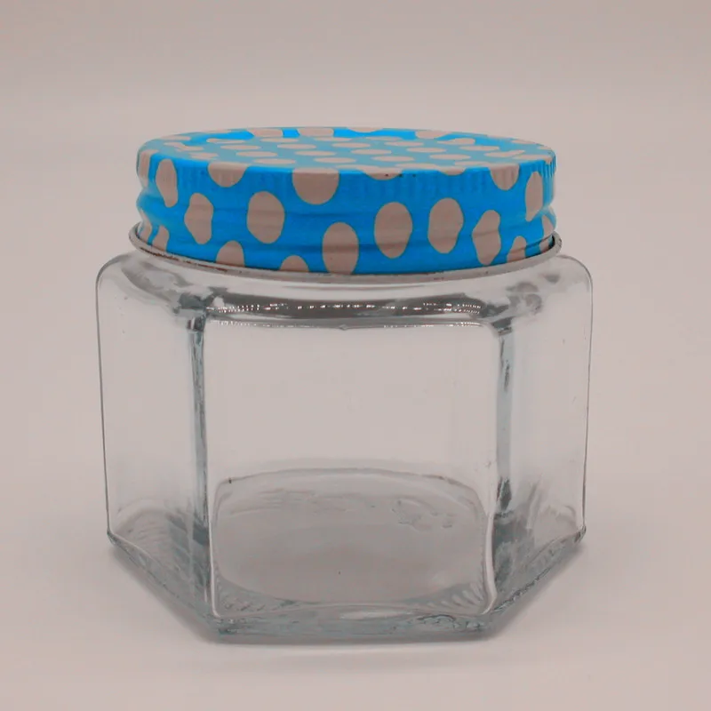 Decorative airtight hexagonal cream glass jar