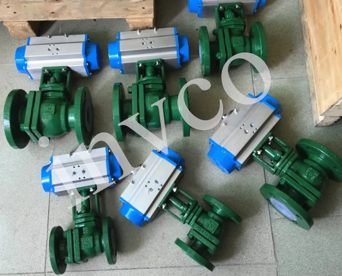 INVCO Fluorine lined ball valve with pneumatic actutor ,fluorine ball valve with flange end
