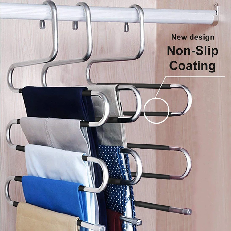 
Multi Non-Slip Space Saving S-Shape 5 Layers Stainless Steel Jeans Pants Scarf Organizer Hanger with Black Silicone Coating 