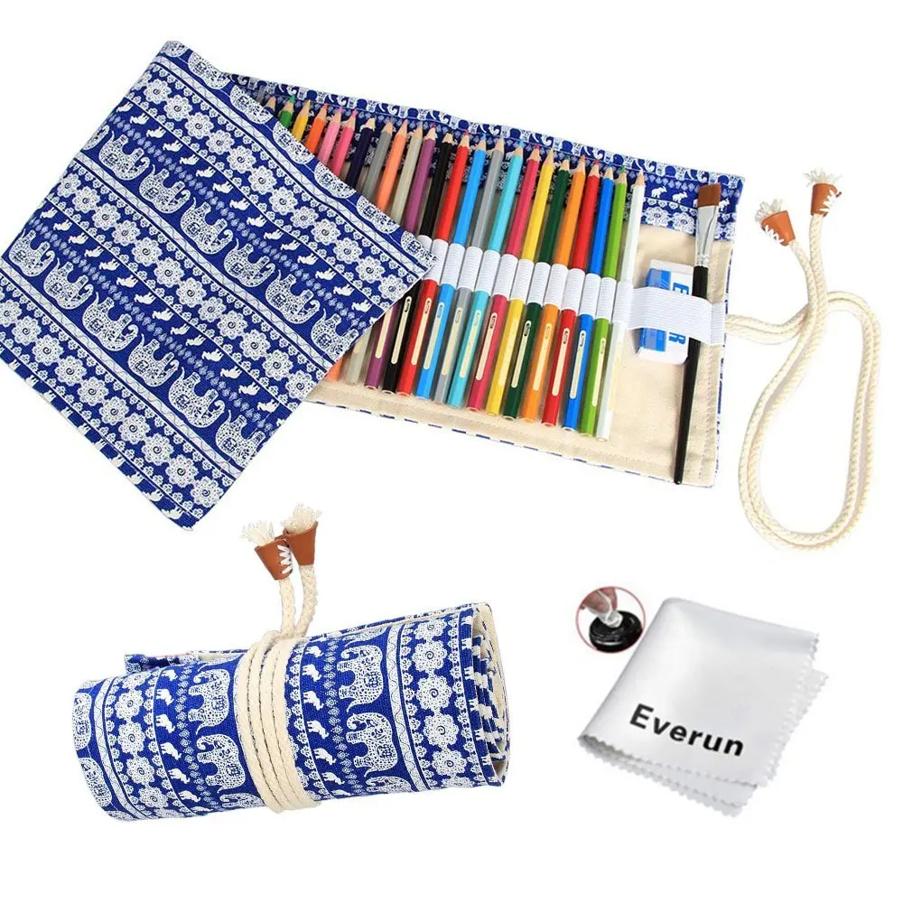 School and Office Pencils Pouch Case Hold for 48 Colored Pencils Travel Drawing Coloring Pencil Holder Roll Organizer for Artist No Pencils Included Everun Canvas 48 Holes Pencil Wrap