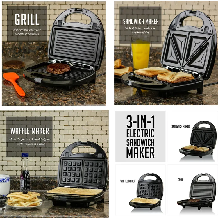 3 In 1 Electric Sandwich Maker With Detachable Nonstick Waffle And