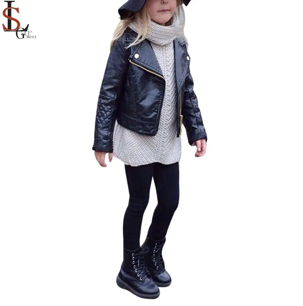 Kids Black Boy Jacket Trench Coat Turn-down Collar Leather Outwear Full Zips UP
