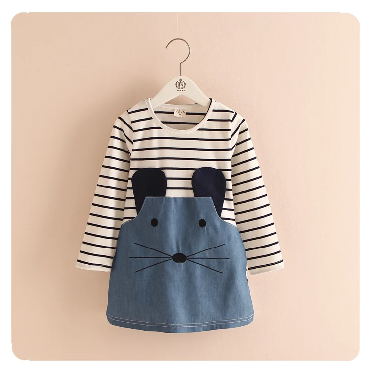 Children s Clothing Wholesale 2015 Autumn New Girls Stripe Cartoon Dress Girl Kids Denim Dress