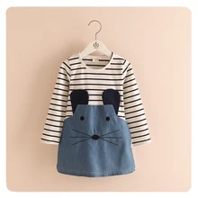 Children’s Clothing Wholesale 2015 Autumn New Girls Stripe Cartoon Dress Girl Kids Denim Dress