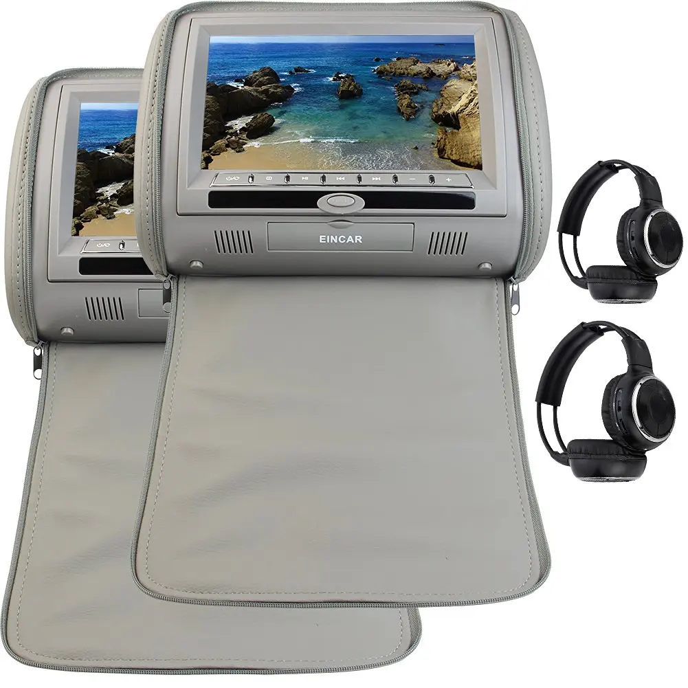 Eincar 9 Inch Grey Car Headrest Monitors Twin DVD Player Dual Screen Support USB/RCA Video/Audio Input/Output/USB Input Port+32 Bit Games+Remote control+Dual Channel Wireless IR Headphones