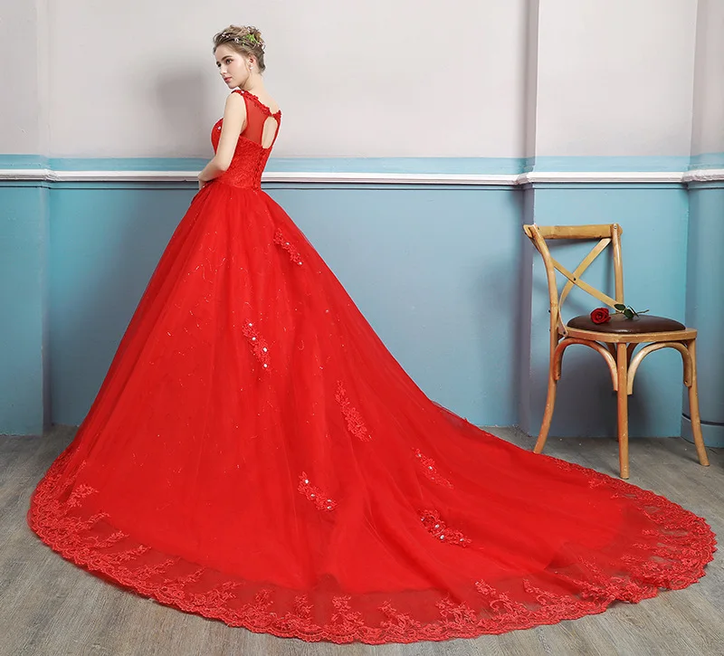 Wholesale In Stock Red Wedding Dress Sleeveless Lace Beaded Long Train Bride Wedding Dress Women Dress