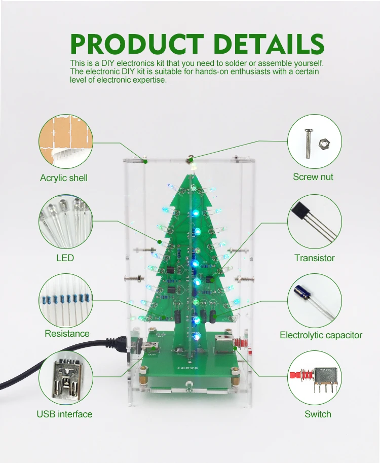 Electronic Fun Welding Suite Flash Circuit Kit Three Dimensional 3D Christmas Tree Gift Seven colors LED  DIY Electronic suite