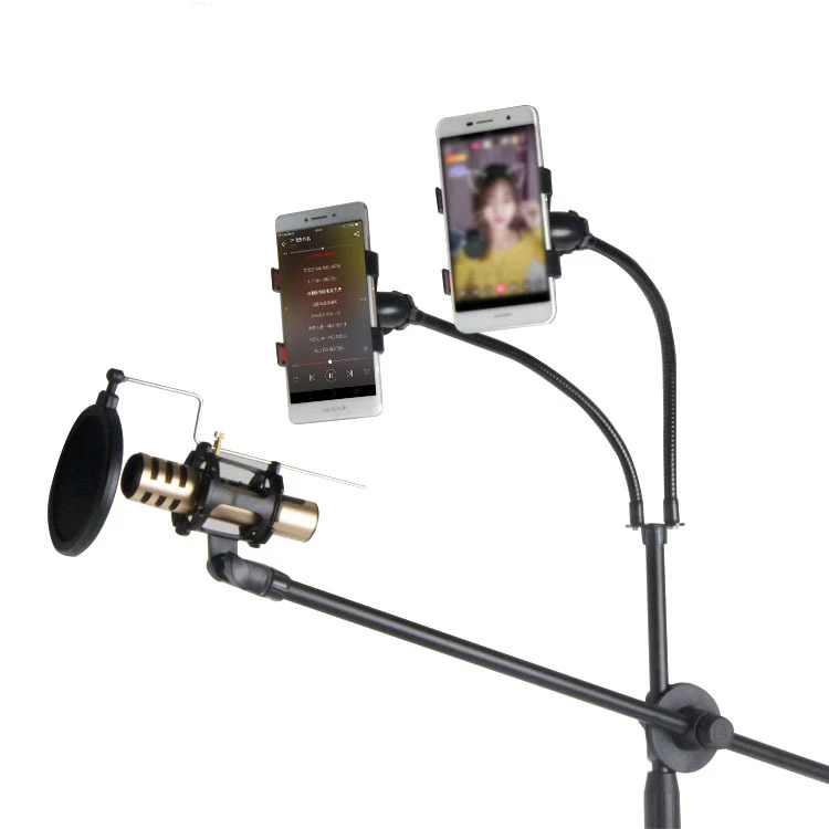 Fashion Adjustable Double Head Tripod Base Microphone Stand Mobile Phone Holder