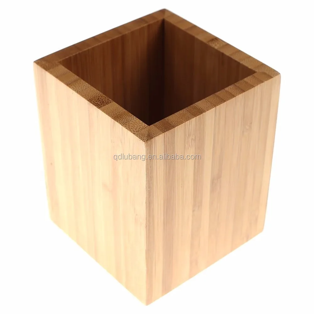 Bamboo Wood Desk Pen Pencil Holder Cup Stand Square Creative Small