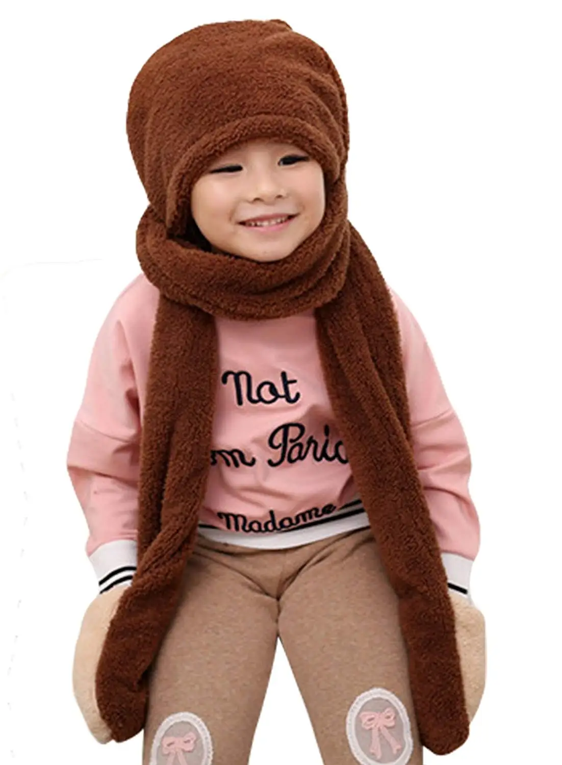 Aivtalk Children Warm Fleece Earflap Hat Winter Long Scarves Hooded Scarf Gloves Sets