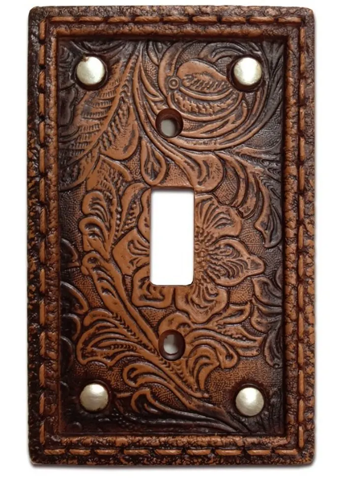 Tooled Leather Floral Design with Rivets Resin Single Switch Cover Plate