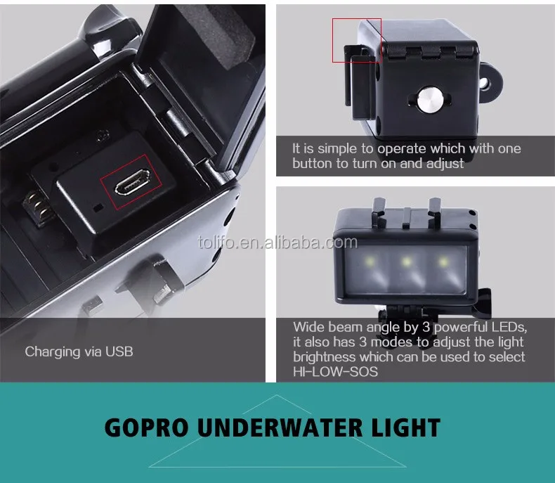 Tolifo 40m waterproof LED underwater light with built in lithium ion battery for Gopro Hero and Xiaomi