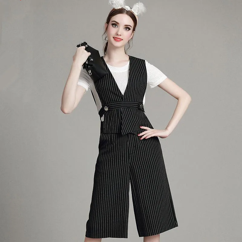 3 piece set women short sleeve shite t shirt cropped top and wide leg pants striped
