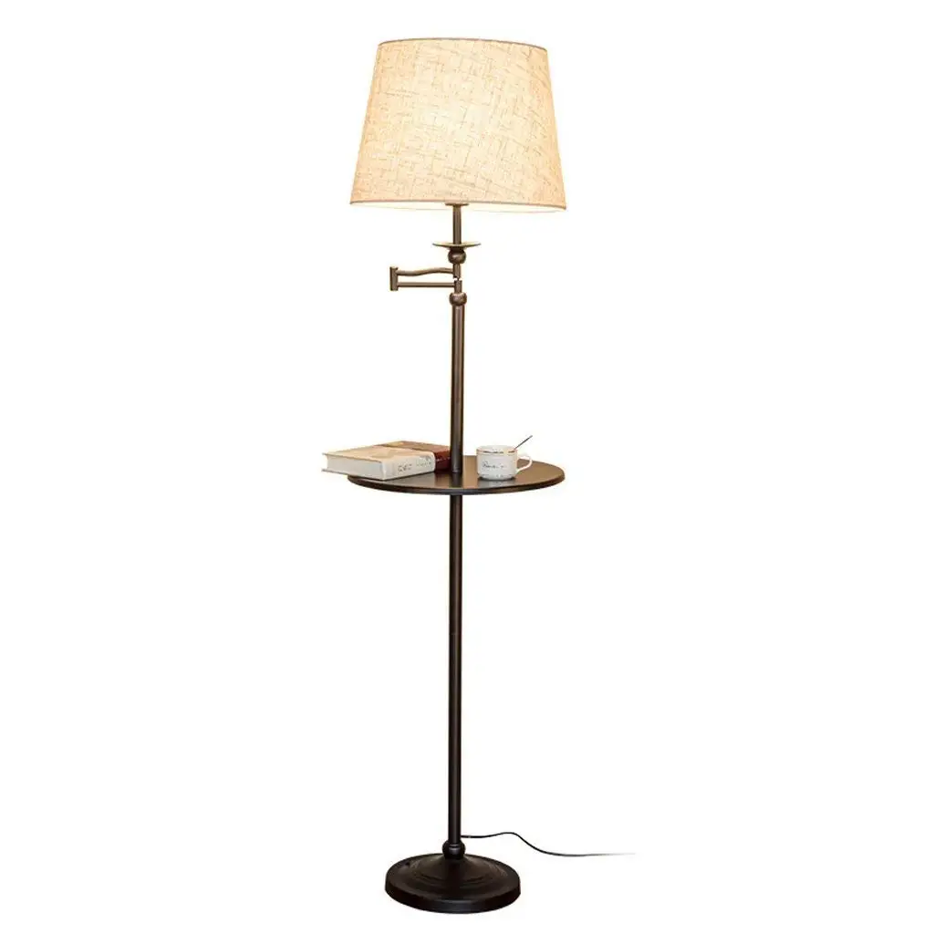 American Simple and Modern Style Creative Floor Lamp With an Integrated Coffee Table, Living Room Sofa Study Office Table Lamp Bedroom Bedside Floor Lamp, Fabric Lampshade, Iron Floor Lamp, E27