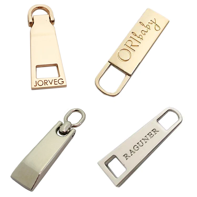 Zinc alloy design gold silver engraved brand logo custom metal zip puller for handbags