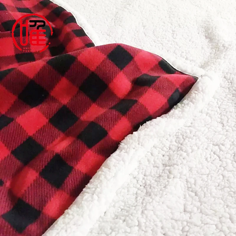 Customize Logo Printing Borrego Blanket Mink Fleece Red Plaid Sherpa