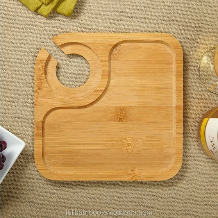 Natural Bamboo Party Plate,Food Serving Tray With Wine Glass Holder