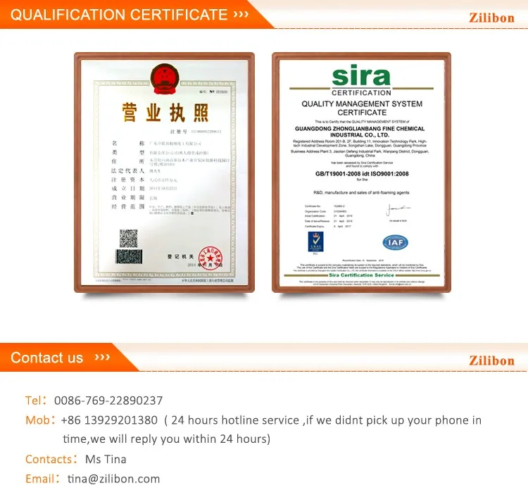   Silicone Defoamer for Textile printing and dyeing     B-160/B-161/B-162 Silicone Defoamer for Textile printing and dyeing       Silicone Defoamer for Textile printing and dyeing is fast defoaming agent.It has solved the shortcoming of Easy demulsification and floating oil for the diluted product.     The foam suppression was improved.The working temperature can reach up to 100 ℃.This is a cost effective universal defoamer.     It’s the leader standard product in the market,which widely used in the water treatment, medical, pesticide, waste water treatment and other chemical industry.etc   B-160/B-161/B-162 Silicone Defoamer for Textile printing and dyeing   (1) Good Defoaming agent,strong foam suppression function,low dosage,no      effect to the foam system (2) Good heat resistance, good chemical stability, non corrosive, non-toxic, no       adverse side effects, non flammable, non explosive. (3)Silicone Defoamer for Textile printing and dyeing's quality is comparable to        the best product in the market,while price is much more affordable.   B-160/B-161/B-162 Silicone Defoamer for Textile printing and dyeing       Model No. B-160/B-161/B-162 pH Value 7~9 Appearance Milk white liquid Stability No Stratification,no precipitation Application Oily ink UV gross oil, UV ink, oily silk-screen Note    the values listed in this data sheet only describe the typical characteristics of this product.It’s not the Specification range.Customized requirement is warmly welcomed.                                                     B-160/B-161/B-162 Silicone Defoamer for Textile printing and dyeing       Textile silicone oil defoamer is especially suitable for foam systems,such as: textile printing&dyeing waste water treatment, industrial circulating water, paper making&pulp washing, chemical cleaning and other aqueous foam system.                      B-160/B-161/B-162 Silicone Defoamer for Textile printing and dyeing                    B-160/B-161/B-162 Silicone Defoamer for Textile printing and dyeing                   Application in the textile printing                 Application in the printing&dyeing industry                   &dyeingwaste water treatment    B-160/B-161/B-162 Silicone Defoamer for Textile printing and dyeing       Dosage:0.1%~1%.It’s recommended to confirm the dosage after testing.     Please add directly or stir it with other powder additives.    B-160/B-161/B-162 Silicone Defoamer for Textile printing and dyeing   (1) Packing: 60KG, 200KG, 1000KG /plastic drum,or as customer required. (2) Storage: It’s non-dangerous goods, non-toxic, non flammable, sealed storage       in a cool,ventilated, dry place. Before used up , the container should be sealed       tightly at around 25℃. (3) The shelf life is about 12 months. (4) Transportation: This product must be sealed well during the transportation,       preventing from moisture,water,strong acid&alkali. Please refer to <Guangdong Zilibon Chemical Co.,Ltd defoamer Material Safety Data Sheet(MSDS)>   B-160/B-161/B-162 Silicone Defoamer for Textile printing and dyeing B-160/B-161/B-162 Silicone Defoamer for Textile printing and dyeing B-160/B-161/B-162 Silicone Defoamer for Textile printing and dyeing B-160/B-161/B-162 Silicone Defoamer for Textile printing and dyeing B-160/B-161/B-162 Silicone Defoamer for Textile printing and dyeing B-160/B-161/B-162 Silicone Defoamer for Textile printing and dyeing B-160/B-161/B-162 Silicone Defoamer for Textile printing and dyeing