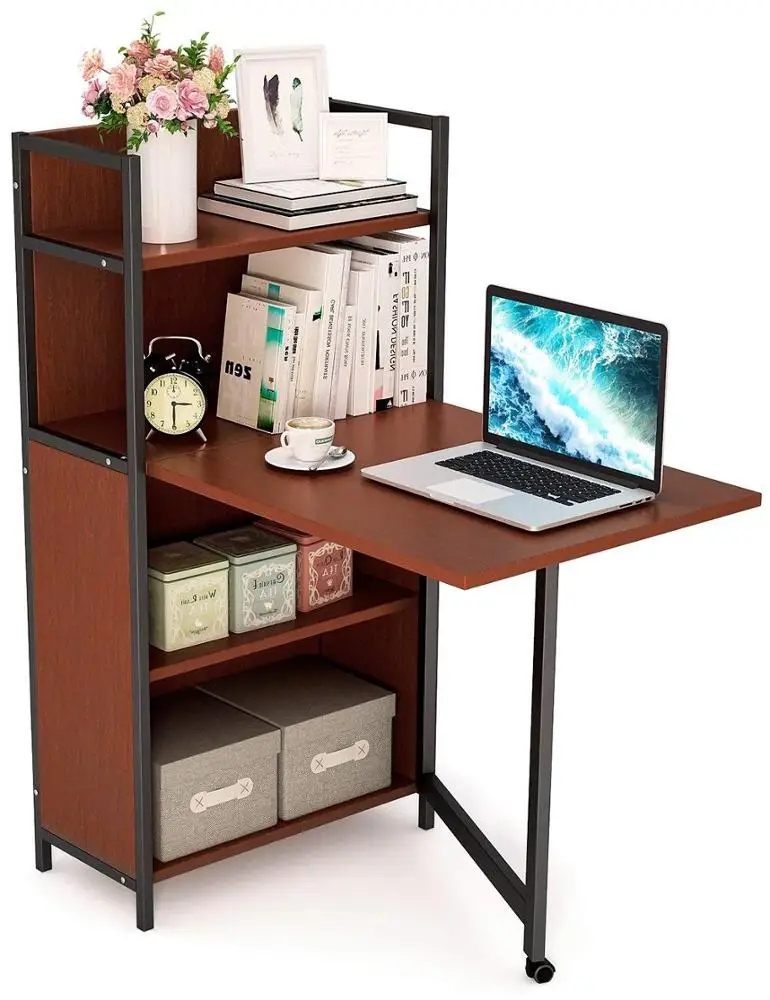 Folding Computer Desk With Bookshelves Pc Laptop Study Table