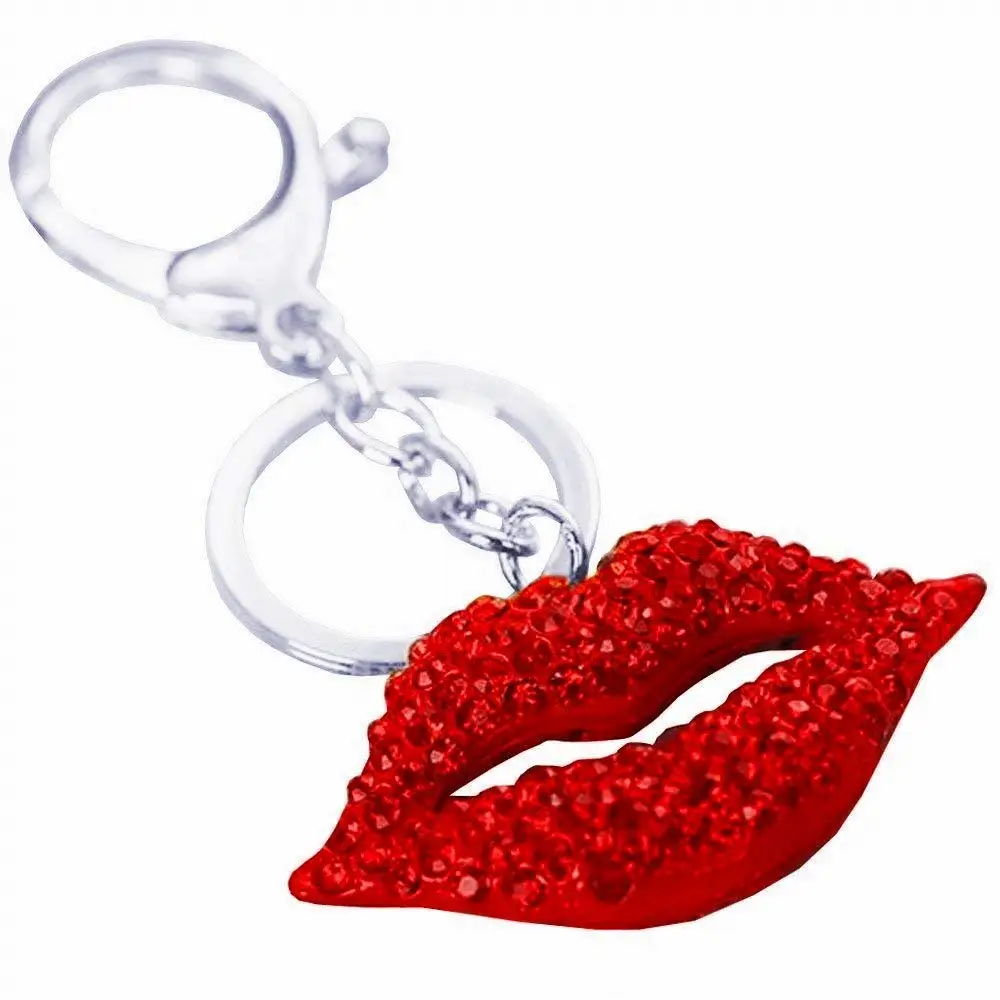 Jzone Bling Car Decor Red Rhinestone Kiss Lips Keychain, Bling Key Chain, Women Purse Charm Bling, Crystal Key Ring Bag Charm Jewelry, Red Diamond Keyring (Silver Ring)