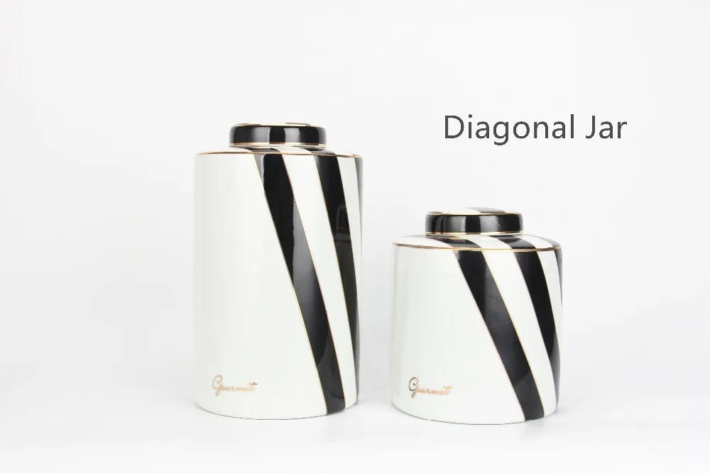J045 Modern Diagonal Design Powder Jar Ceramic Container Jar Design Black And White Spice