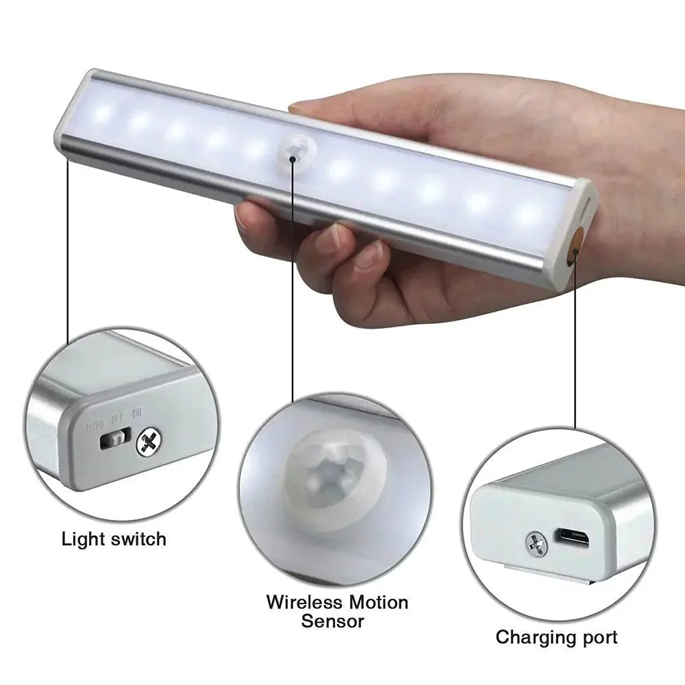 Motion Sensor Light Cabinet Lights,USB Rechargeable 10 LED Cabinet Lighting, Magnetic Removable Stick-On Anywhere