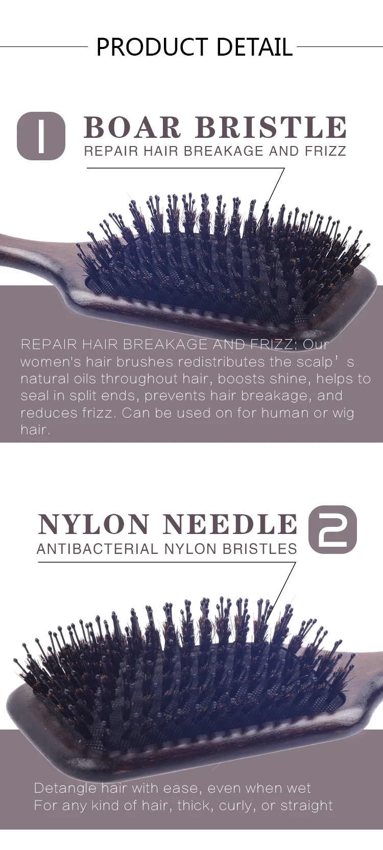 EUREKA 9267PA-BR Engraved Wooden Bristle Nylon Pins Hair Brush Rubber Wood Hair Brush Massage Classical Style Hair Brush