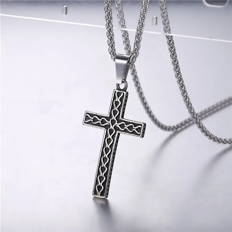 U7 316L stainless steel gold plated christianity jewelry unique black mens vintage cross necklace with chain