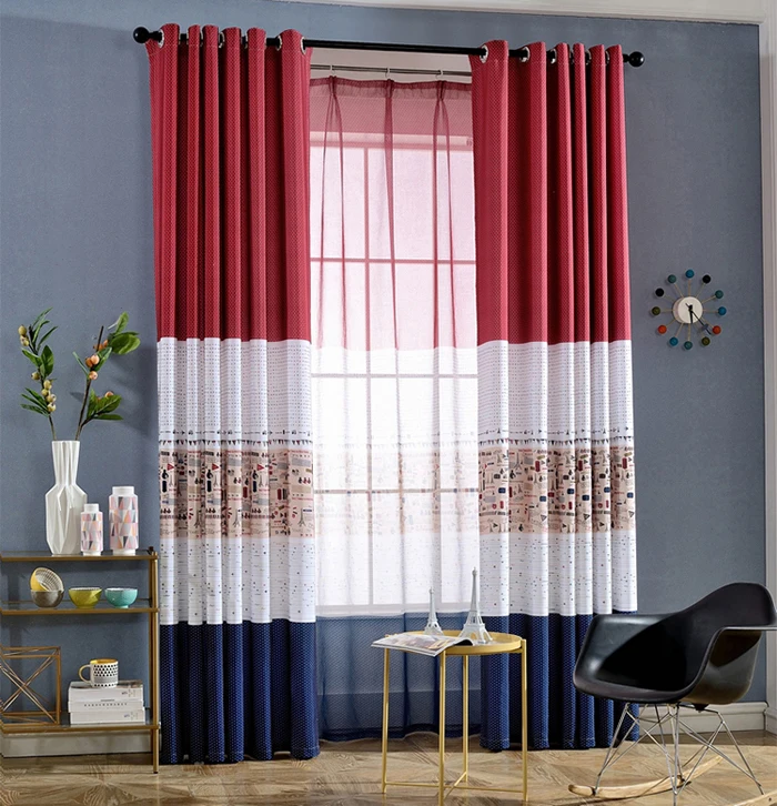 Cheap Red Blue White Polyester Printing Curtains Fabric