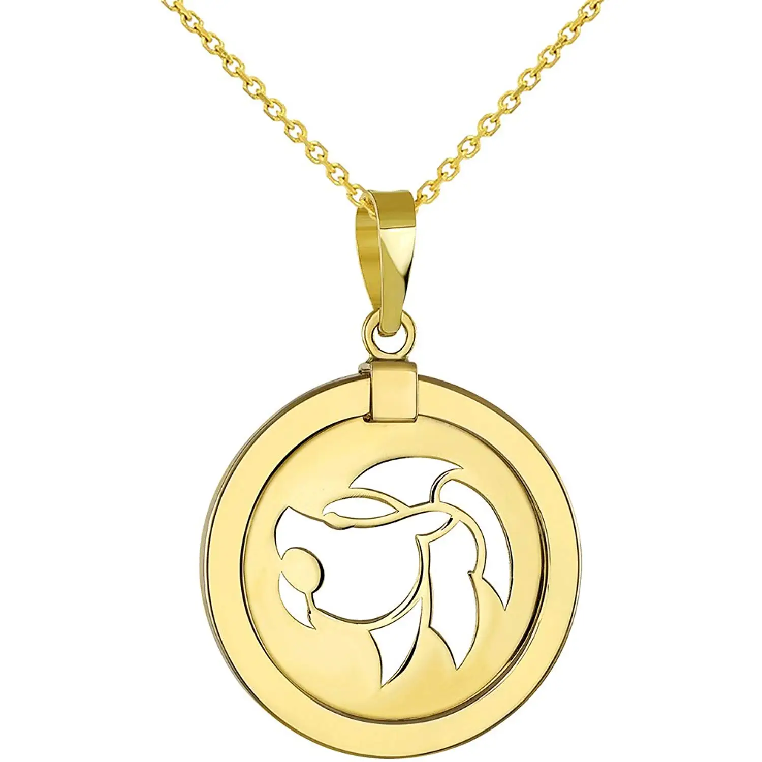14K Yellow Gold Reversible Round Capricorn Goat Zodiac Sign Pendant with Figaro Chain Necklace