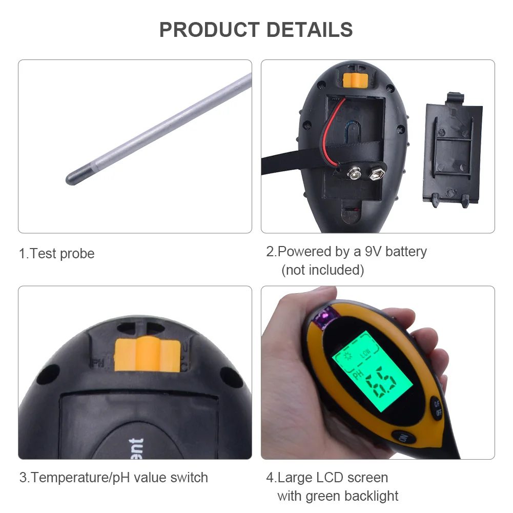 Hot Sale Digital 4 in 1 Soil PH Meter Professional LCD Display Temperature Moisture Sunlight PH Garden Plants Soil Tester Meter