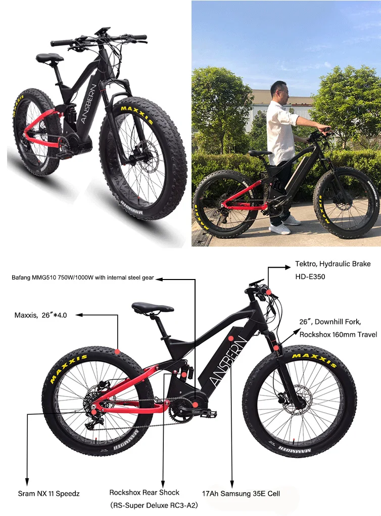 2019 New Best Ebike Full Suspension 48v 1000w Mid Drive Mountain