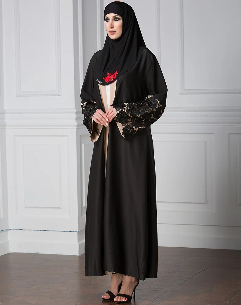 蕾丝袖口黑色穆斯林开衫修补长裙穆斯林长袍 abaya 长袍迪拜穆斯林