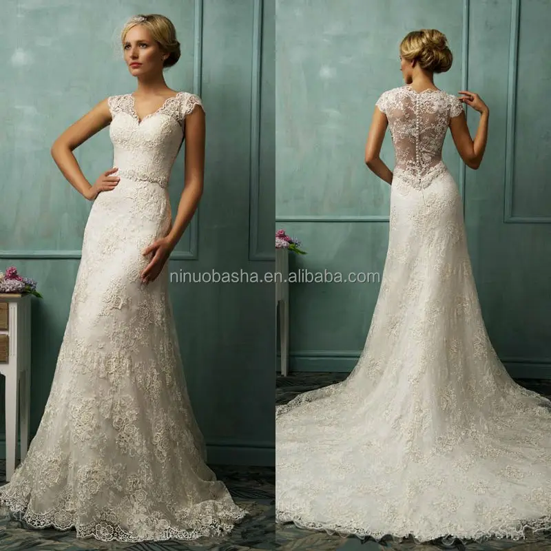 High Quality Lace A Line Wedding Dress V Neck Cap Sleeve See High Quality Lace A Line Wedding Dress V Neck Cap Sleeve See Through Back