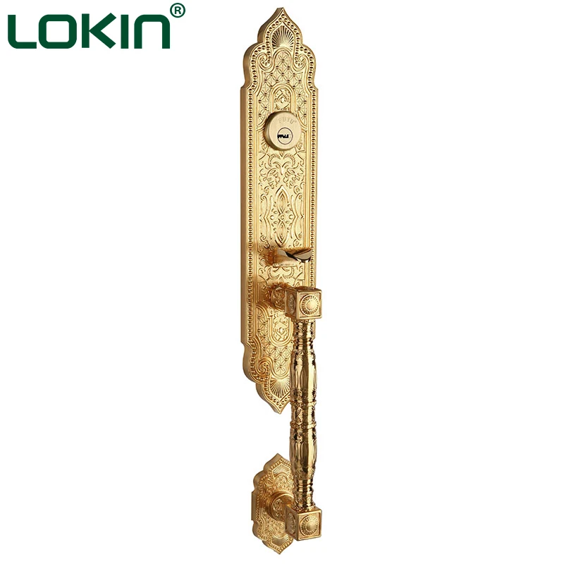 Gold Plated Luxury Outside Security Door Handle Lock For Wooden Doors