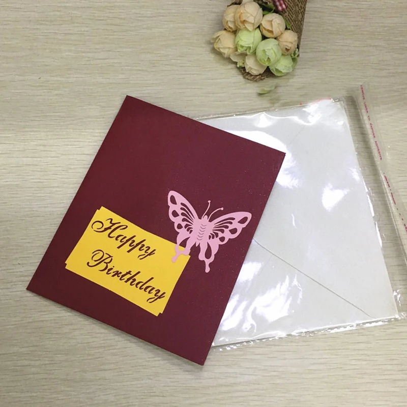 1pcs Birthday Cake 3D Handmade Pop Up Laser Cut Postcard Greeting Gift Cards Kraft Kirigami Blank With Envelope Birthday Gifts (2)