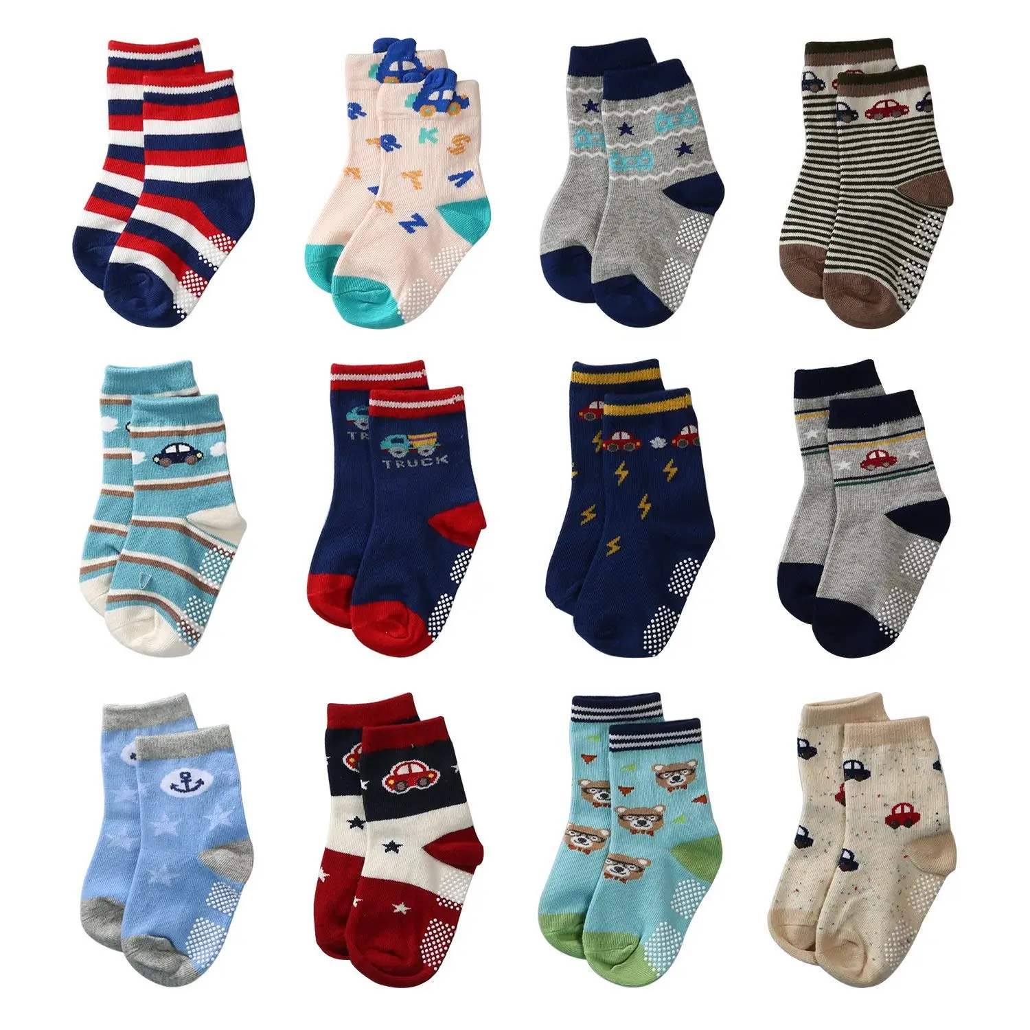 MAYBOX 12 Pairs Assorted Non-Skid Ankle Cotton Socks Baby Girl Socks Toddlers Crew Baby Socks with Grip