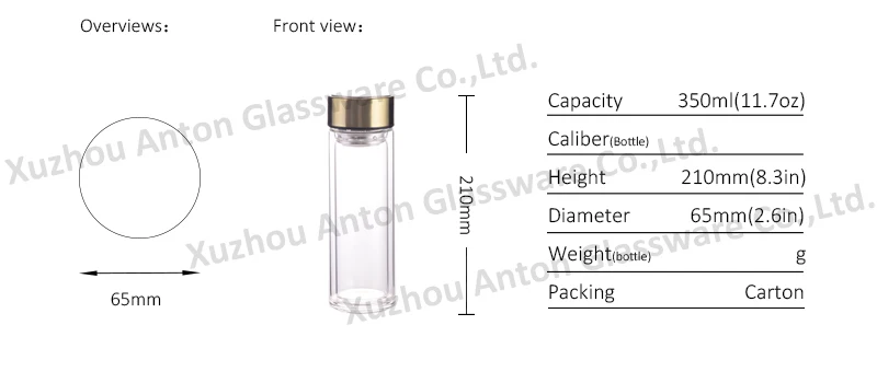 350 ml Double wall Glass Tea Bottle office with Stainless steel lids