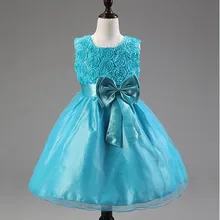 Free Shipping 2016 New Bowknot Rose Girls Dresses Children Wedding Princess Clothing Sleeveless Kids Formal Party Dress