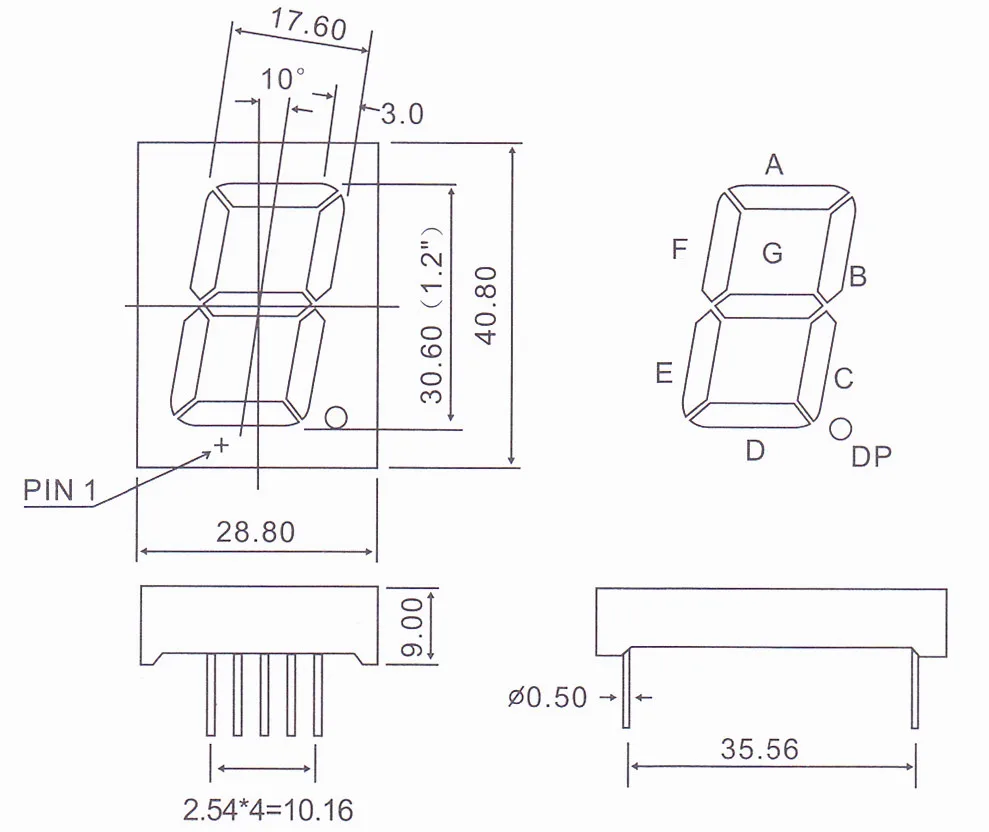 1.2 inch white color common anode, cathode 7 segment led display