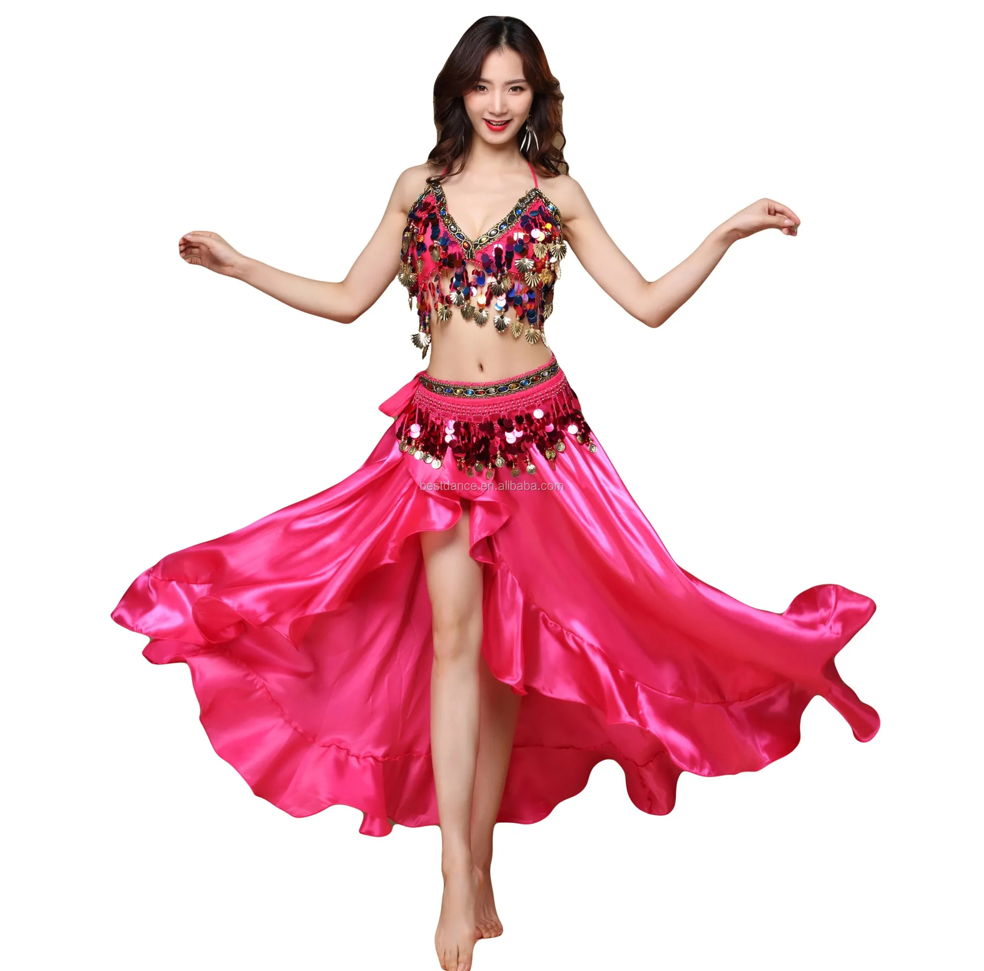 Bestdance Women Belly Dancing Split Wave Satin Skirt Sequin Top ...