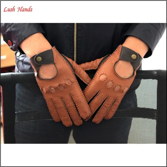 New style men's driving two tone leather gloves with buckle details