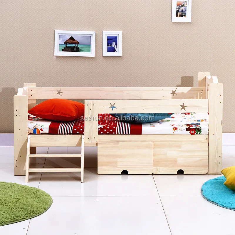 Para niños de madera maciza cama con almacenamiento con barandillas