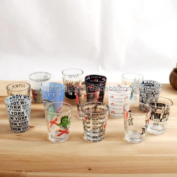 2018 Wholesale high-end transparent 60ml souvenirs Tequila shot glass, printing pattern shot glass, Small liquor cup